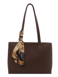 Minimalist large brown faux leather tote bag with vintage scarf handle for women