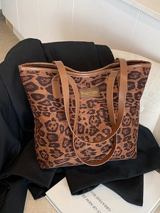 Leopard Print Tote Bag PU Leather Large Capacity Shoulder Handbag For Women Retro Fashion Style Casual Commuting