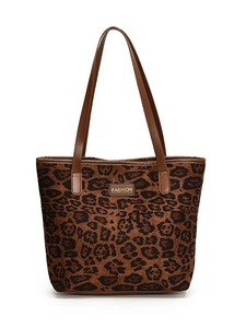 Classic leopard print tote bag with brown faux leather handles and fashion logo