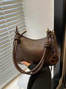 Women Underarm Hobo Bag Textured PU Leather With Knot Shoulder Strap And Abacus Charm Vintage Shoulder Bag For Daily Use