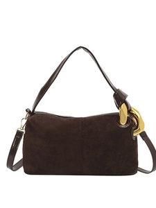 Borsa retrò in pelle scamosciata marrone con catena dorata e tracolla larga