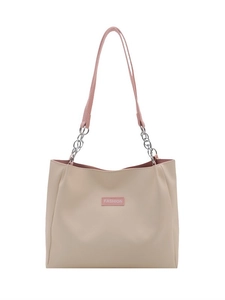 Cream large capacity tote bag with pink leather chain straps and fashion label