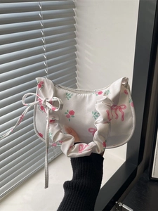Women's Floral Underarm Bag Sweet Rose Bow Print Canvas Shoulder Bag With Pleated Handle Casual Hobo Bag Daily Handbag
