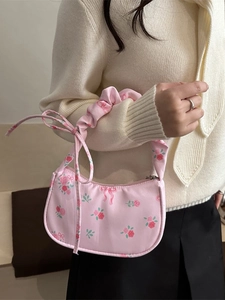 Pink floral shoulder bag with ruched handle and ribbon detail for women's daily wear