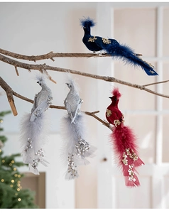 Lot de 4 oiseaux décoratifs en mousse et plumes avec paillettes et clips métalliques