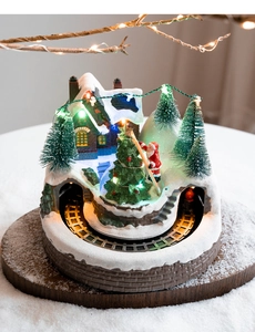 Detailed Christmas village scene with glowing snow house, moving train, and Santa on ladder