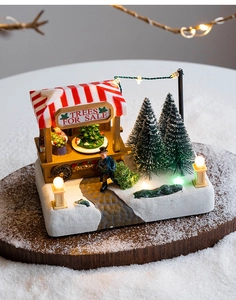 Detail of LED Christmas tree stall ornament with snow texture and hand-painted figurines