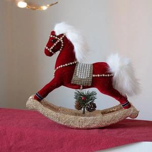 Exquisite red velvet rocking horse Christmas ornament with gold glitter base and pine accents