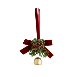 Christmas tree hanging ornament with red velvet bow, pine needles, cones and golden bell