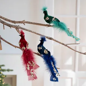 Oiseaux en velours pailletés avec plumes longues et clips pour sapin de Noël