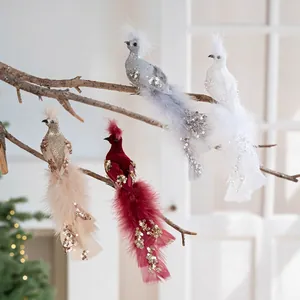 Oiseaux de Noël scintillants avec paillettes et plumes pour décoration de sapin