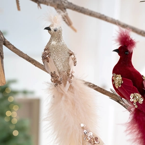 Oiseaux artificiels pailletés dorés et rouges floqués avec plumes pour sapin de Noël