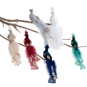 Lot de 6 oiseaux artificiels pailletés à longues plumes pour sapin de Noël
