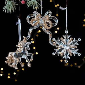 Sparkling transparent acrylic Christmas unicorn and snowflake pendant with sequins