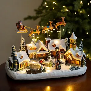 Christmas Village Scene Luminous Musical Resin Plastic Rotating Train Snow House Desktop Ornament Festive LED Decor