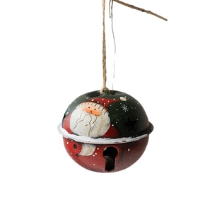 Cloche de Noël vintage en métal avec Père Noël peint à la main et corde en jute