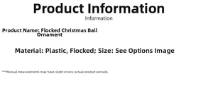 Detailed product specifications for flocked Christmas ball pendants with material info