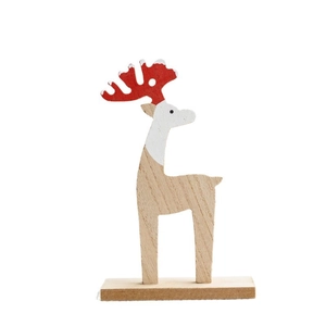 Handcrafted wooden Christmas reindeer desktop ornament with red antlers and solid base
