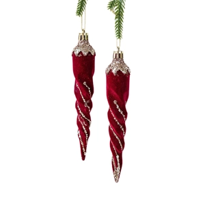 Pendentifs de Noël en forme de spirale rouge floquée avec paillettes dorées et cordons