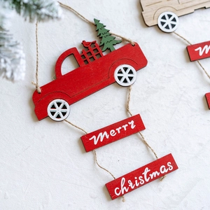 Christmas wooden red truck ornament with tree and Merry Christmas signs on white background