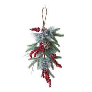 Christmas teardrop swag with pine needles, red berries, pine cones and snow frost effect