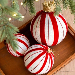 Set of 3 red and white striped Christmas ball ornaments with glitter and velvet texture