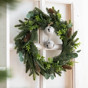 Nordic Christmas wreath with pine needles, eucalyptus leaves, pinecones and gray bells