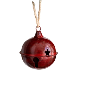 Campana navideña roja de 8cm de metal con recortes de estrellas y cuerda de cáñamo colgante