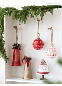 Rustic Christmas iron bell set with pine cones and checkered bows for holiday decor