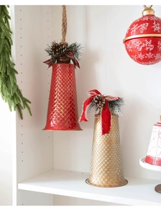 Christmas metal bell ornaments with pine cones and festive bows for holiday decor