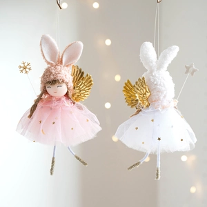Cute angel bunny plush ornaments with golden wings for Christmas tree decoration