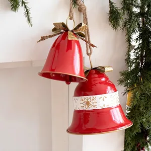 Large Metal Christmas Bell Hanging Decoration Red Gold Iron Ornaments With Ribbon Bow Jute Rope For Xmas Tree Mall Decor