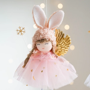 Pink angel bunny girl hanging ornament with golden wings and snowflake wand for Christmas