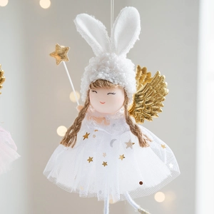 Cute angel rabbit plush ornament with golden wings and star wand for Christmas tree
