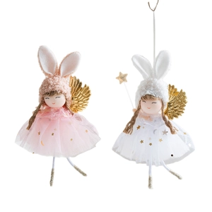 Cute angel rabbit plush ornaments with wings and star mesh skirts for Christmas tree decor