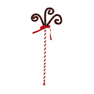Kerstboom decoratie met rood-groene fluwelen spiralen, een rode strik en gestreepte steel