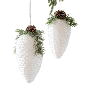 Two-piece white pine cone Christmas ornaments with snowy texture and pine needles