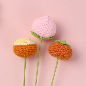 Handmade Crochet Fruit Flowers Persimmon Orange Peach Rabbit Carrot Knitted Woolen Yarn Bouquet Stems Home Table Decor