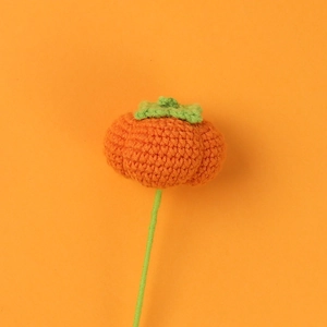 Handmade crochet persimmon flower branch with orange yarn and green leaf for home decor