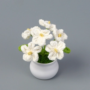 Fiore di non ti scordar di me all'uncinetto in vaso bianco con foglie verdi