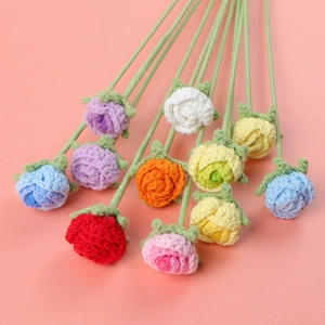 Handmade crochet rose bouquet with colorful knitted flowers for Valentine's Day gift