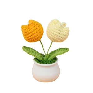 Handmade crochet double tulip flower pot in orange and white for home desktop decoration