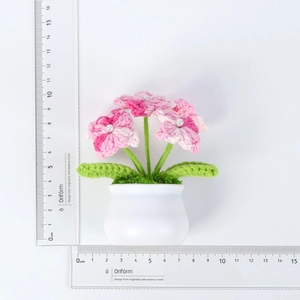 Handmade crochet pink hydrangea miniature potted plant with clear scale measurement