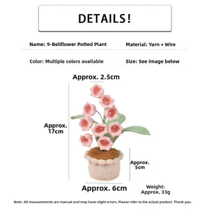 Detail showing dimensions of handmade crochet Lily of the Valley in a mini woven pot