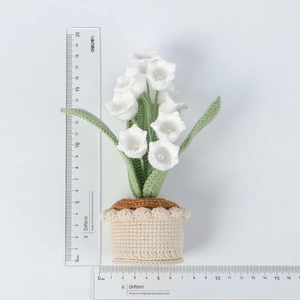 Handmade crochet lily of the valley potted plant with white pearls, 17.5cm height size