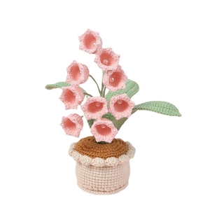 Handmade crochet Lily of the Valley potted plant with pink flowers and pearl accents