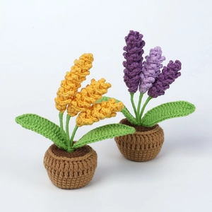 Detailed top view of handmade crochet lavender and barley mini potted plant ornament