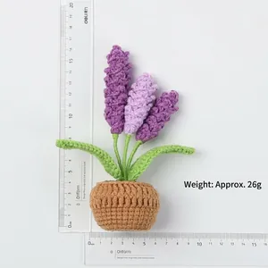 Handmade crochet lavender potted plant in purple yarn with dimensions and 26g weight
