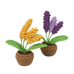 Handmade crochet lavender and barley mini potted plants in purple and yellow colors