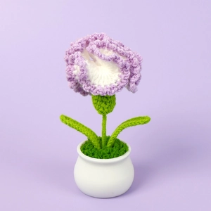 Detail of handmade crochet carnation in a white ceramic pot for home decoration